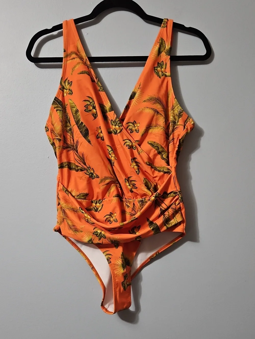 Tropical Orange Wrap-Front One-Piece Swimsuit Size L